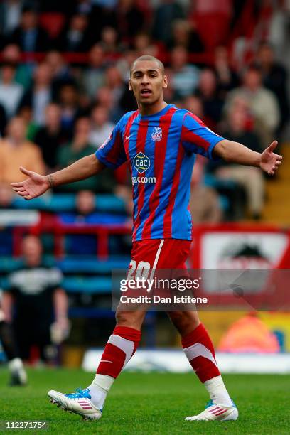 James Vaughan of Crystal Palace reacts to one of the assistant referee's decisions during the npower Championship match between Crystal Palace and...