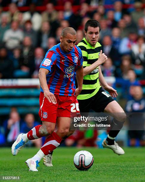 James Vaughan of Crystal Palace in action against Michael Collins of Scunthorpe during the npower Championship match between Crystal Palace and...