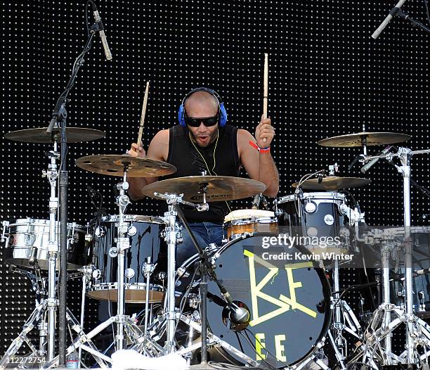 Musician Kike Egurrola of Bomba Estereo performs during Day 2 of the Coachella Valley Music & Arts Festival 2011 held at the Empire Polo Club on...