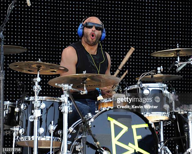 Musician Kike Egurrola of Bomba Estereo performs during Day 2 of the Coachella Valley Music & Arts Festival 2011 held at the Empire Polo Club on...