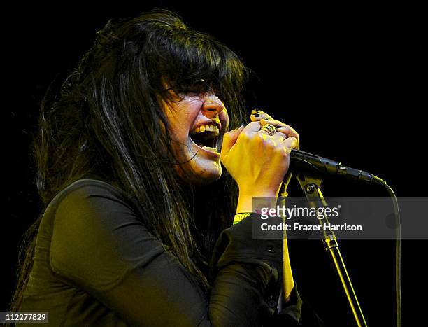Musician Alison Mosshart of the band The Kills performs during Day 2 of the Coachella Valley Music & Arts Festival 2011 held at the Empire Polo Club...