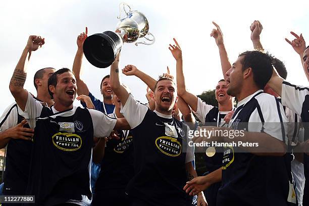 David Mulligan of Auckland City celebrates with the team after winning the O-League Grand Final match between Auckland City and Amicale on April 17,...
