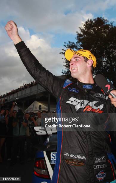 Shane Van Gisbergen driver of the SP Tools Racing Ford celebrates after winning race six of the Hamilton 400, which is round four of the V8 Supercar...