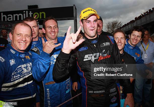 Shane Van Gisbergen driver of the SP Tools Racing Ford celebrates after winning race six of the Hamilton 400, which is round four of the V8 Supercar...