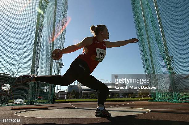 Dani Samuels of the NSWIS competes in the Womens Discus Throw Open during day three of the Australian Athletics National Campionships at Olympic Park...