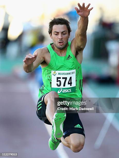 Mitchell Watt of the QAS competes in the Mens Long Jump Open during day three of the Australian Athletics National Campionships at Olympic Park on...