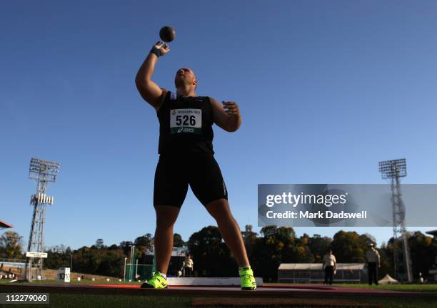 Dale Stevenson of the VIS competes in the Mens Shot Put Open during day three of the Australian Athletics National Campionships at Olympic Park on...