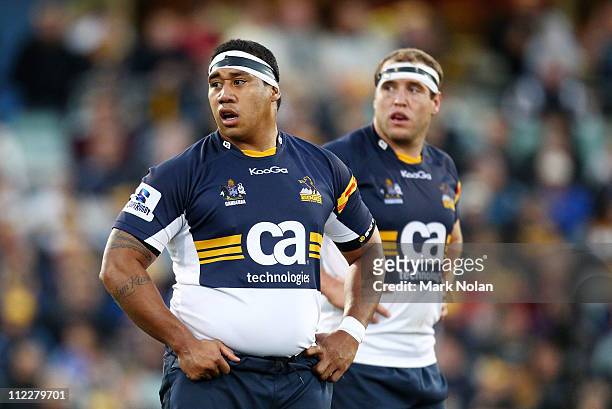Salesi Ma'afu and Ben Alexander of the Brumbies look on during the round nine Super Rugby match between the Brumbies and the Force at Canberra...