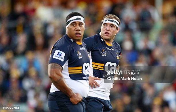 Salesi Ma'afu and Ben Alexander of the Brumbies look on during the round nine Super Rugby match between the Brumbies and the Force at Canberra...