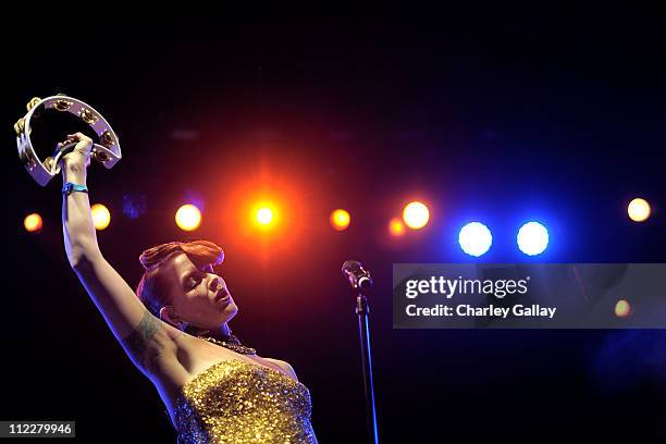 Musician Ana Matronic of Scissor Sisters performs during Day 2 of the Coachella Valley Music & Arts Festival 2011 held at the Empire Polo Club on...