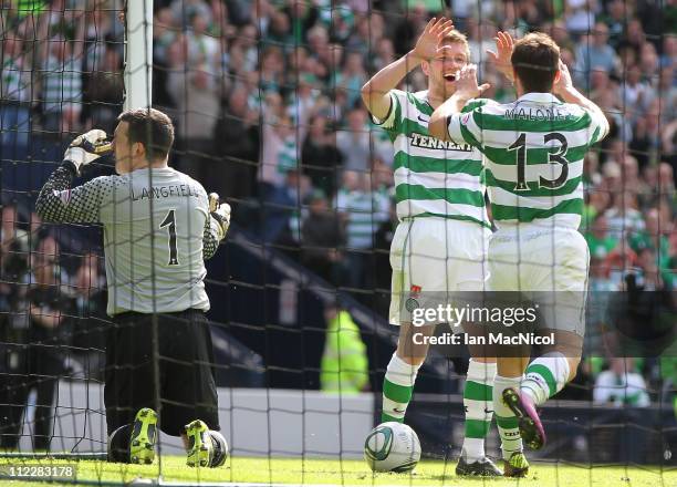 Mark Wilson of Celtic congratulates Shaun Maloney on scoring Celtic's forth goal lduring the Scottish Cup semi-final between Aberdeen and Celtic at...