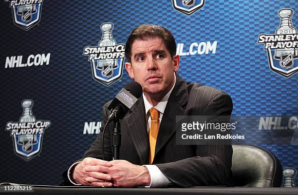 Head Coach Peter Laviolette of the Philadelphia Flyers speaks to the media following a 1-0 lose to the Buffalo Sabres in Game One of the Eastern...