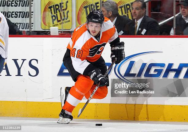 Danny Briere of the Philadelphia Flyers skates with the puck against the Buffalo Sabres in Game One of the Eastern Conference Quarterfinals during...