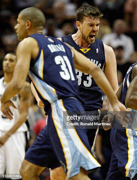 Center Marc Gasol of the Memphis Grizzlies reacts against the San Antonio Spurs in Game One of the Western Conference Quarterfinals in the 2011 NBA...