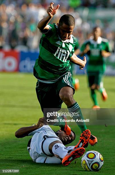 Max Santos Palmeiras in action during a match against Ponte Preta at Moises Lucareli stadium on April 17 in Campinas, Brazil.