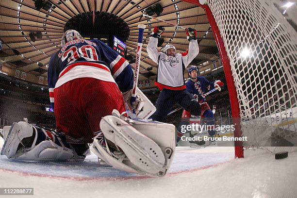 Mike Knuble of the Washington Capitals celebrates after he scored a goal in the third period against the New York Rangers in Game Three of the...