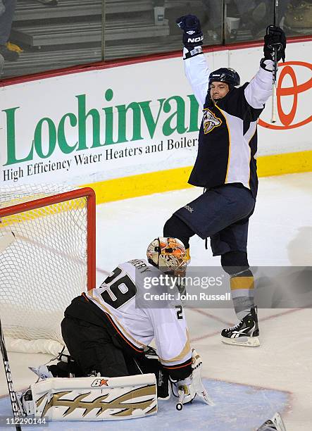 David Legwand of the Nashville Predators celebrates his goal against Ray Emery of the Anaheim Ducks in Game Three of the Western Conference...