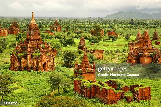 view of the bagan plain form the top of a temple - pagan stock-fotos und bilder