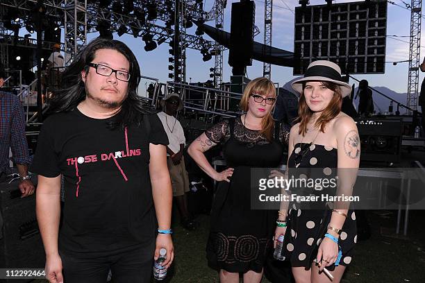Musicians Bobb Bruno, Ali Koehler and Bethany Cosentino of the band Best Coast pose backstage during Day 3 of the Coachella Valley Music & Arts...