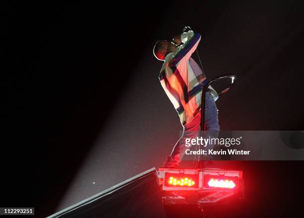 Rapper Kanye West performs during Day 3 of the Coachella Valley Music & Arts Festival 2011 held at the Empire Polo Club on April 17, 2011 in Indio,...