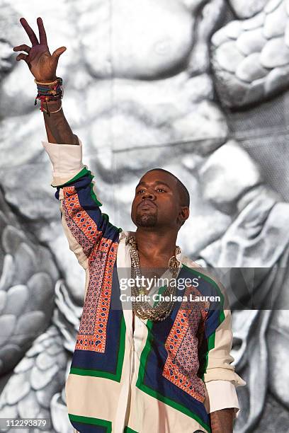 Recording artist Kanye West performs at day 3 of the 2011 Coachella Valley Music & Arts Festival at The Empire Polo Club on April 17, 2011 in Indio,...