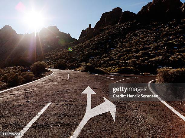 arrow indicating side road in mountain landscape - 分かれ道 ストックフォトと画像