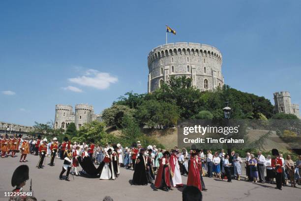 Queen Elizabeth II during an Order of the Garter ceremony at Windsor Castle, in Windsor, Berkshire, England, Great Britain, 19 June 1989.