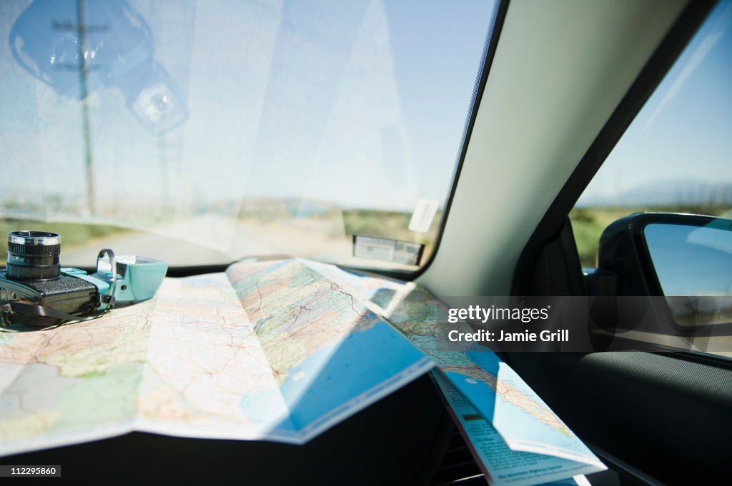 Map and camera on dashboard of car