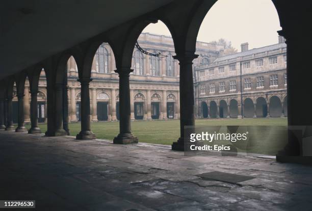 General view of Nevile's court cloisters, Trinity college library, part of Cambridge University, Cambridgeshire, circa 1975.