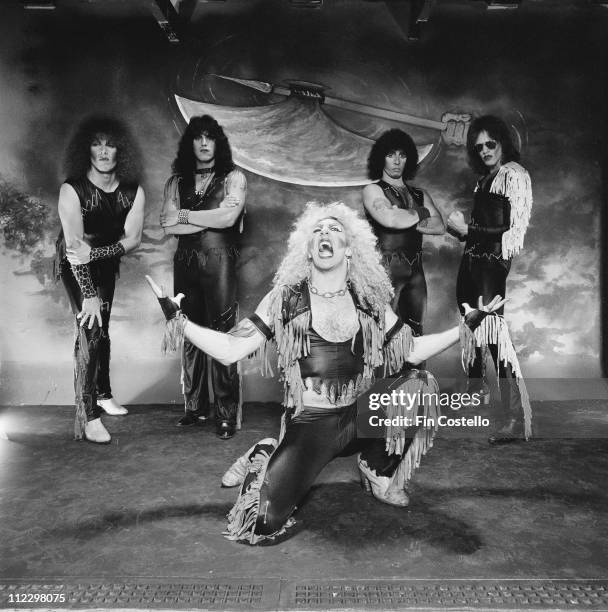 Twisted Sister posed in the studio for the LP cover session of 'Under The Blade' in London in July 1982. Left to Right: Mark Mendoza, Eddie Ojeda,...
