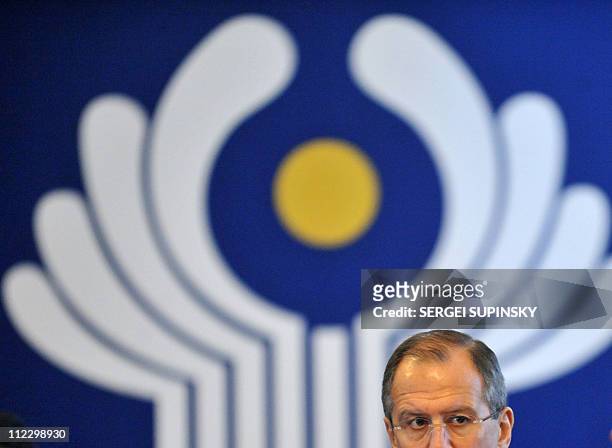 Foreign Minister of Russia Sergey Lavrov is pictured in front of the CIS logo during Commonwealth of Independent States Foreign Affairs Ministers...