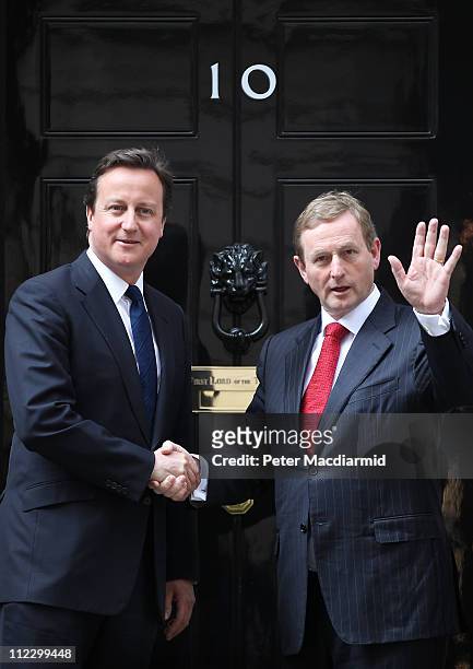 Taoiseach Enda Kenny waves as he meets with Prime Minister David Cameron at 10 Downing Street on April 18, 2011 in London, England. This is the first...