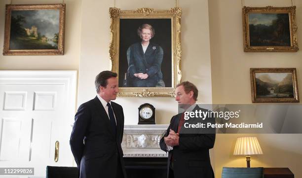 Taoiseach Enda Kenny meets with Prime Minister David Cameron under a portrait of former Prime Minister Margaret Thatcher at 10 Downing Street on...