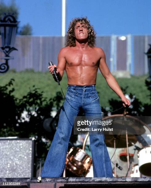Roger Daltrey of the Who performs at the Oakland Coliseum in Oakland, California on October 9, 1976.