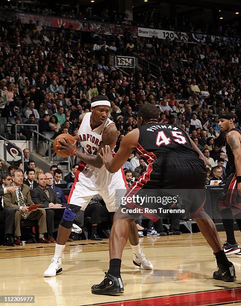 Toronto Raptors power forward Ed Davis protects the ball during the game against the Miami Heat on April 13, 2011 at the Air Canada Centre in...