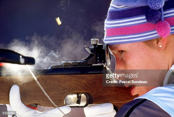Antje Harvey of Germany competes in the womens 4x7.5 Biathlon event at the 1994 Winter Olympics in Lillehammer, Norway. \ Mandatory Credit: Pascal...