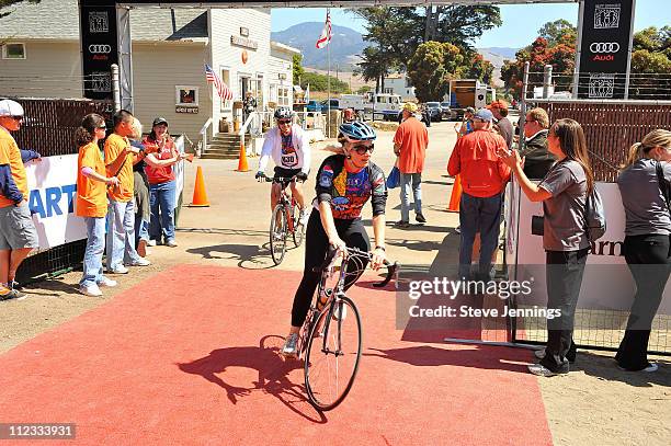 Anja Kaehny rides at the finishing line at the Audi Best Buddies Challenge at Hearst Castle on September 12, 2009 in Carmel, California.