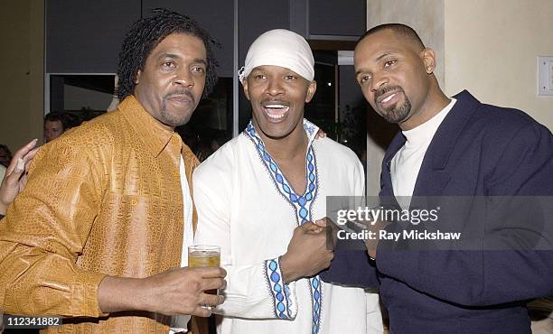 Writer Ronald Lang, Jamie Foxx and Mike Epps during "All About The Benjamins" Westwood Premiere at Mann Village Theatre in Westwood, California,...