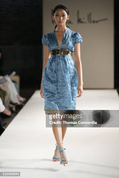 Anne Watanabe wearing Nicole Miller Spring 2006 during Olympus Fashion Week Spring 2006 - Nicole Miller - Runway at Cafe St. Barts in New York City,...