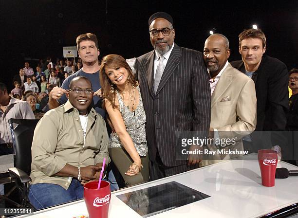 Randy Jackson, Simon Cowell and Paula Abdul, judges, with songwriters Kenneth Gamble and Leon Huff, and Ryan Seacrest, host