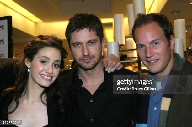 Emmy Rossum, Gerard Butler and Patrick Wilson during Unveiling of "The Phantom of The Opera" Window and Live Concert at Bloomingdales at...