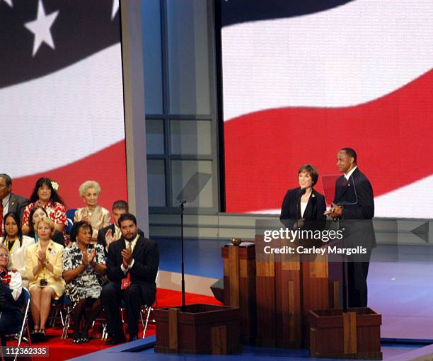 Dorothy Hamill and Lynn Swann during 2004 Republican National Convention - Day 4 - Inside at Madison Square Garden in New York City, New York, United...