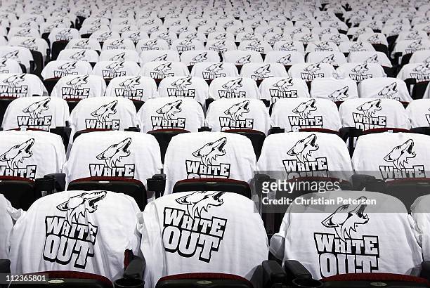 White Out" shirts adorn the inside of Jobing.com Arena before Game Three of the Western Conference Quarterfinals between the Detroit Red Wings and...