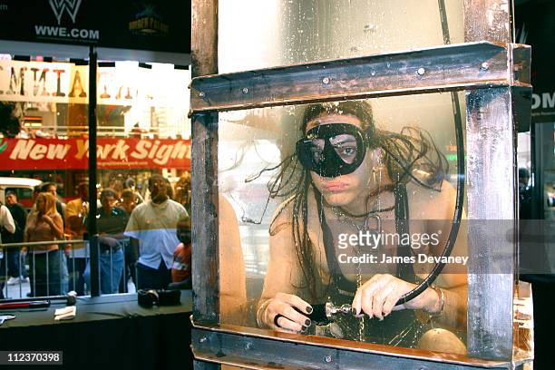 Criss Angel during Illusionist Criss Angel Submerges Himself in a 220-Gallon Water Torture Cell at The World in New York City, New York, United...