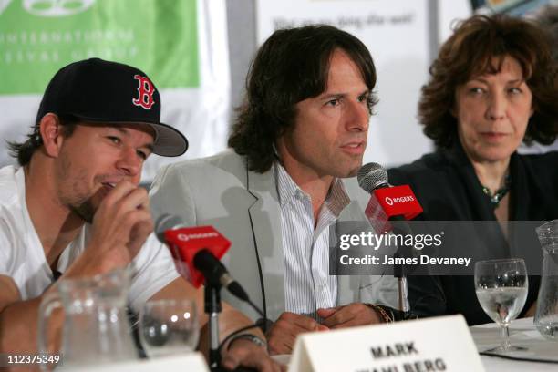 Mark Wahlberg, David O. Russell and Lily Tomlin during 2004 Toronto International Film Festival - "I Heart Huckabees" Press Conference at Four...