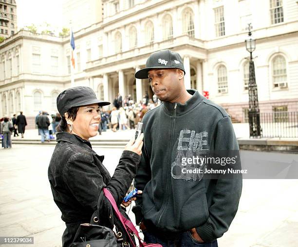 Reporter and Talib Kweli during "Assata Shakur is Welcome Here" Public Demonstration Hosted by Talib and Mos Def at City Hall in New York City, New...