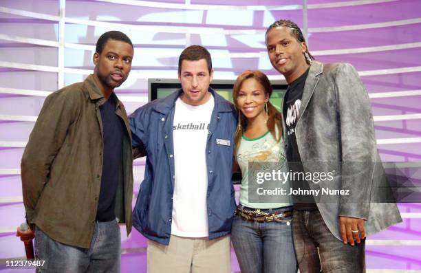 Chris Rock, Adam Sandler, Free and AJ during Chris Rock and Adam Sandler Visit BET's "106 & Park" - May 26, 2005 at CBS Studios in New York City, New...