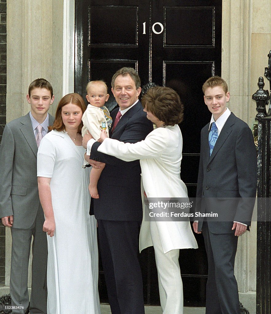 Tony Blair and family during Tony Blair Wins The Election For The