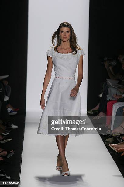 Michelle Alves wearing Luca Luca Spring 2005 during Olympus Fashion Week Spring 2005 - Luca Luca - Runway at Theater Tent, Bryant Park in New York...