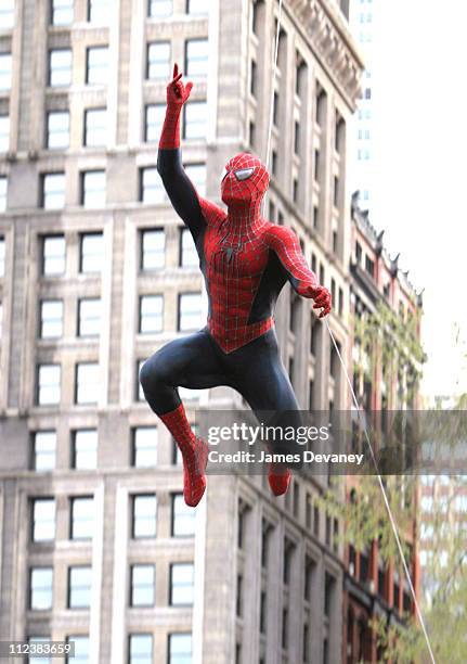 Spider-Man during Filming of "Spider-Man 2" on Location in Lower Manhattan at Lower Manhattan in New York City, New York, United States.